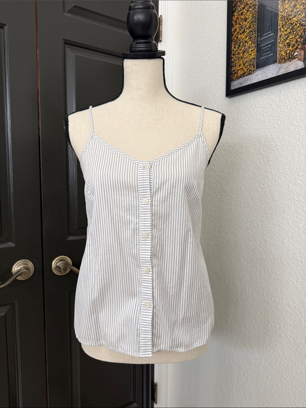 Banana Republic White and Black Vertical Stripe Button-Front Cami